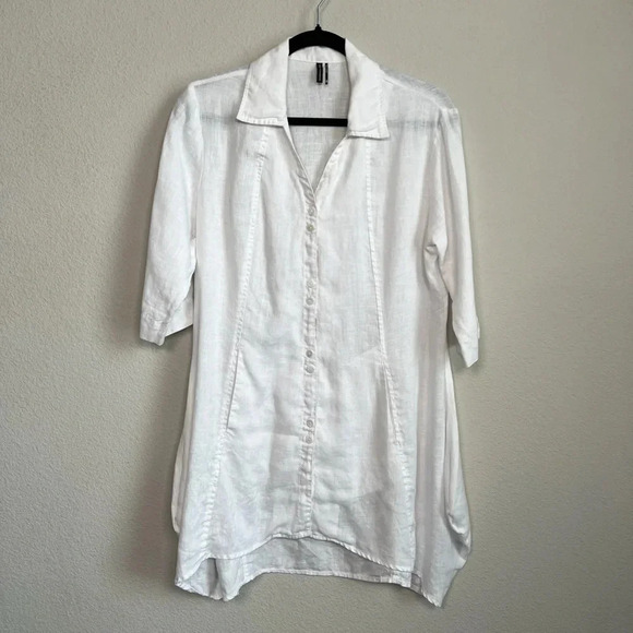 Stella Carakasi Tunic White 100% Hemp Pockets Button Front 3/4 Sleeve Size XS - Picture 1 of 6